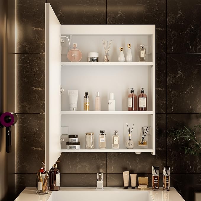 32x24 inch LED Lighted Medicine Cabinet with Mirror, Moisture-Resistant Wood, Stepless Dimmable, 3000K/5500K, Defogger, Adjustable Shelf, Flat-Pack Design – Assembly Required (White)