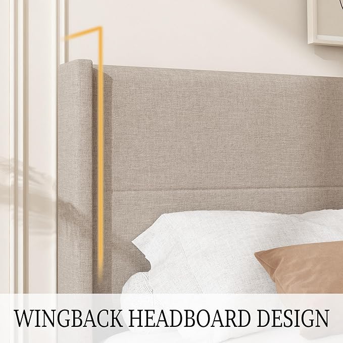 King Size Bed Frame, Linen Upholstered Platform with Wingback Headboard, Wooden Slats Support, No Box Spring Needed, Easy Assembly, Beige