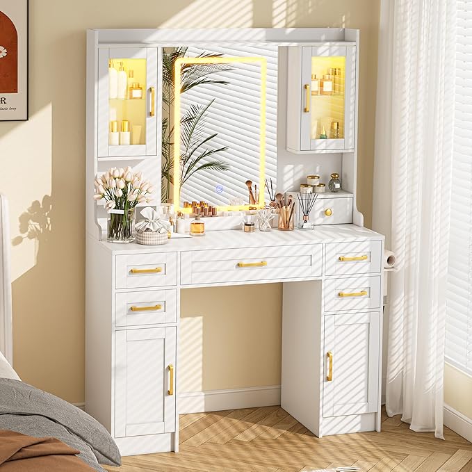 KAMABOKO White Vanity Desk with Mirror and Lights, Makeup Vanity Table with 6 Drawers & 4 Cabinets & Power Outlet, 3 LED Lights Modes Adjustable