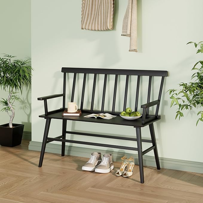 Bamboo Dining Bench, Entryway Bench with Spindle Back Farmhouse Wood Windsor for Foyer Balcony Living Room (Black)