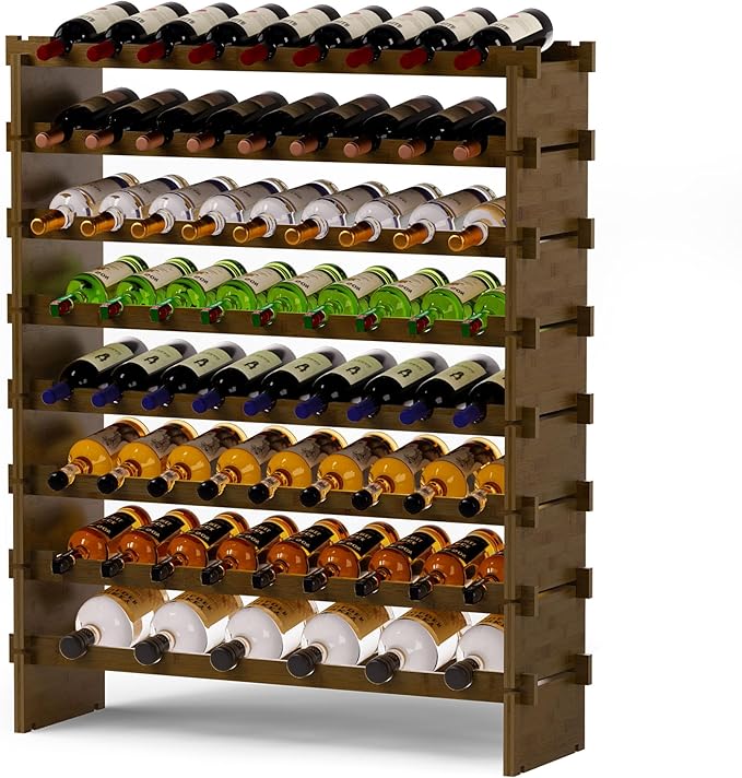 Wine Rack Freestanding Floor, Bamboo 8-Tier 69 Wine Bottle Holder Racks Countertop Cabinet Display, Wooden Stackable Modular Wine Storage Organizer Shelves for Kitchen Bar Cellar Dining Room Walnut