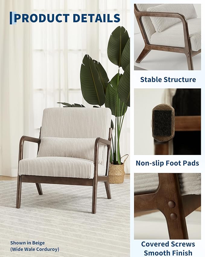 Garvee Mid-Century Accent Chair Set of 2, Sherpa Upholstery, Cozy Reading Chair, Modern Lounge Armchair with Lumbar Pillow, Sturdy Wood Frame, for Living Room, Bedroom, Office, Beige