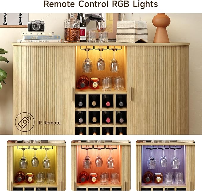 ONBRILL 55" Wine Bar Cabinet with LED Light,Modern Liquor Whiskey Coffee Station with Wine Rack and Glass Holder, Farmhouse Buffet Sideboard with Storage for Living Room, Kitchen, Entryway (Oak)