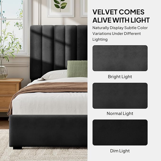 Welzona Kids Twin Upholstered Bed Frame with Headboard, Velvet Upholstered Metal Platform Bed Frame with Vertical Tufted Headboard, 3-Level Height, Metal Slat Support, Noise-Free Easy Assembly, Black