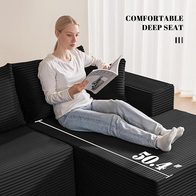 Mangodan 110” Cloud Sectional Couch, Boneless Sofa for Living Room, Modular Sectional Sofa with Deep Seat, Comfy Fluffy U-Shaped Couch with Right-Facing Chaise, No Assembly Required, Black