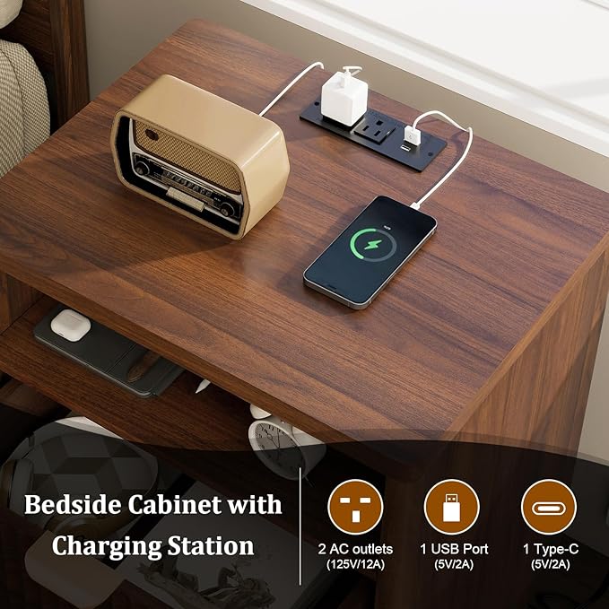 LYNCOHOME Fluted Nightstand with Charging Station, 19.7 inch Wide End Table with 2 Drawers, Modern Wood Bedside Table for Bedroom, Night Stand Set of 2，Walnut