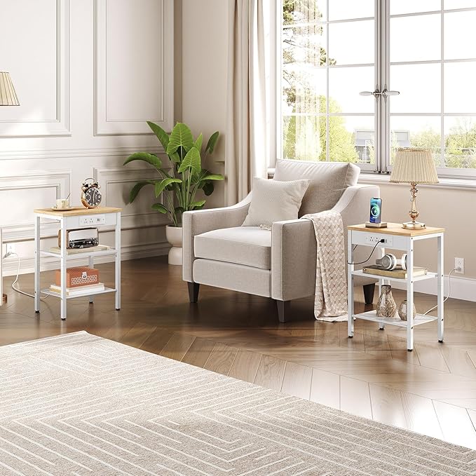 HOOBRO Side Table with Charging Station and USB Port, Small End Table for Small Space, 3-Tier Nightstand with Adjustable Shelf, for Living Room, Bedroom, Natural and White WN112BZ01