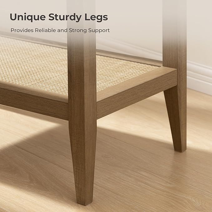 SICOTAS Rattan Night Stand Bedside Table - Farmhouse Boho Narrow End Table for Living Room - Accent Side Table with 2 Open Storage Shelves for Bedroom, Small Spaces