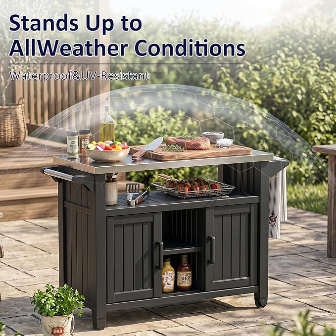 EasyUp Outdoor Storage Cabinet,Patio Storage Table, Bar Table with Wheels,Outdoor Bar Cart for Patio, Poolside and Backyard,Black