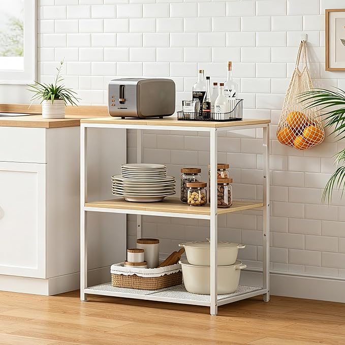 Homleke Kitchen Island with 3 Shelves, Kitchen Shelf with Large Workstation, Bakers Rack, Workbench, Metal Frame, White and Natural