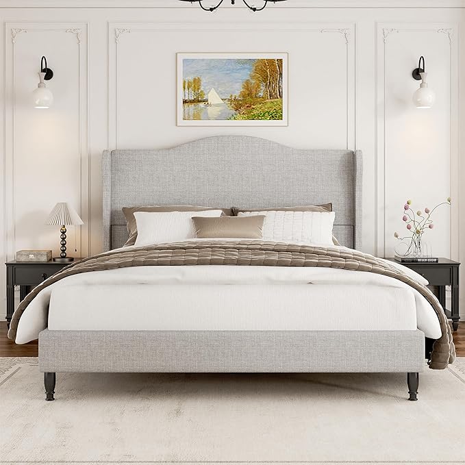 Queen Bed Frame with 50.4" Tall Wingback Headboard, Upholstered Platform Bed with Wood Slats, 1000 lbs Capacity, No Box Spring Needed, Easy Assembly, Beige
