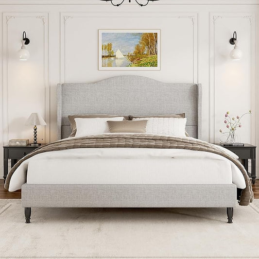 Queen Bed Frame with 50.4" Tall Wingback Headboard, Upholstered Platform Bed with Wood Slats, 1000 lbs Capacity, No Box Spring Needed, Easy Assembly, Beige