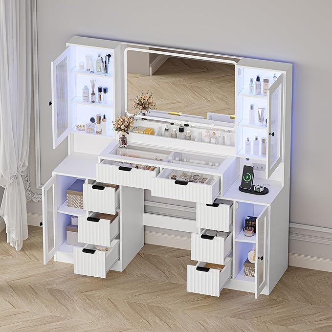 Fluted Makeup Vanity Desk with Mirror and Lights, 55" Glass Top Vanity with 8 Drawers & 4 RGB Glass Cabinets, Adjustable Shelves & Power Outlet, Modern Dressing Table Set for Women Girls Bedroom