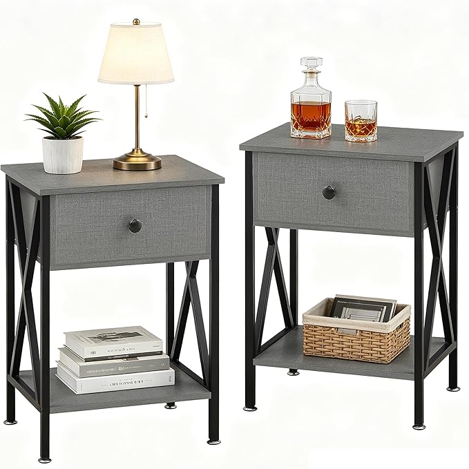 VECELO Nightstands Set of 2, Modern Bedside End Tables, Night Stands with Drawer and Storage Shelf for Living Room Bedroom, Industrial Metal Frame