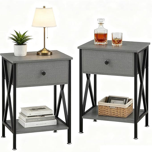 VECELO Nightstands Set of 2, Modern Bedside End Tables, Night Stands with Drawer and Storage Shelf for Living Room Bedroom, Industrial Metal Frame