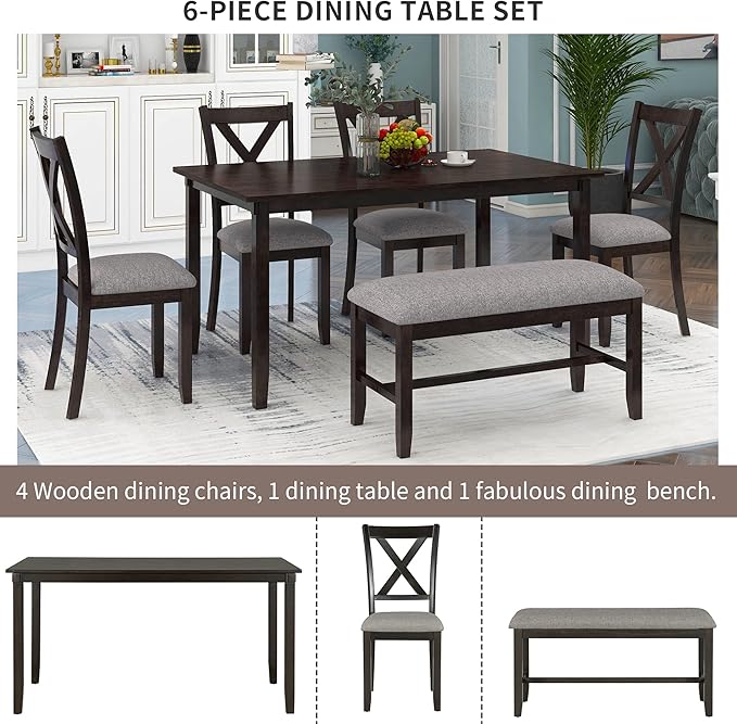 Merax 6-Piece Wooden Kitchen Dining Table Set with 4 Fabric Chairs and Bench, Family Furniture, Espresso