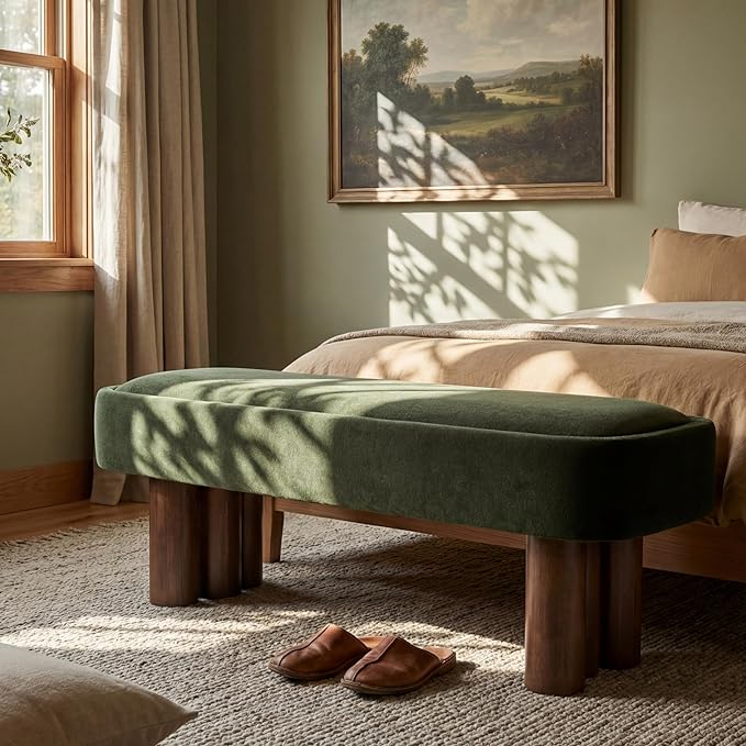 Christopher Knight Home Damas 60.04" Fabric Upholstered Dining Bench, Wooden Entryway Bench, Long Sofa Footstool for Living Room, Bedroom End of Bed Bench, Olive Green+Walnut