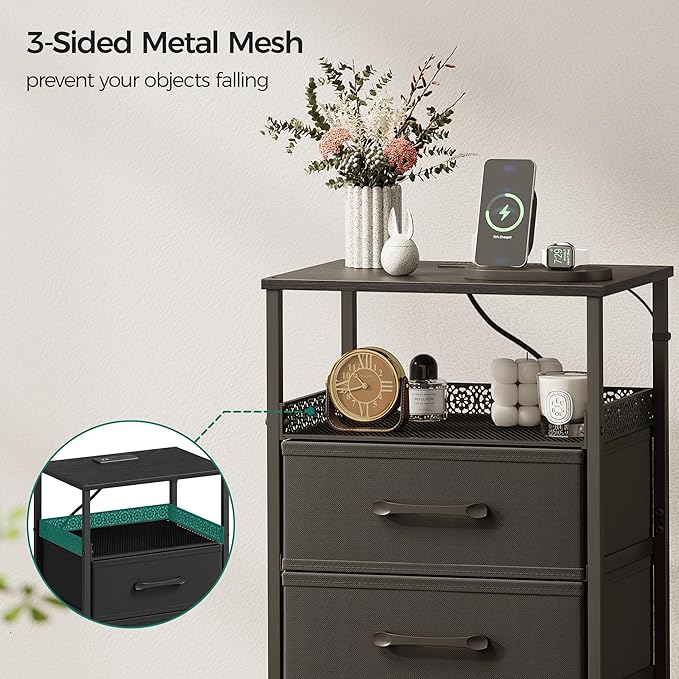 JARHETUN Nightstand Set of 2, Night Stands with Charging Station, 26.4 Inch Tall Bedside Table with Metal Shelf, Side Table with 2 Fabirc Drawers for Bedroom, Black