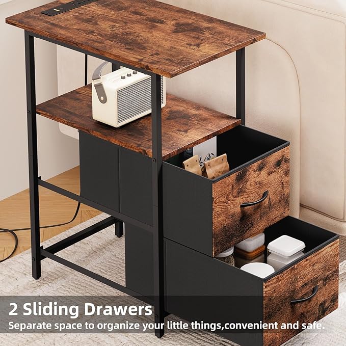 Somdot End Table Set of 2 with Charging Station, Narrow Side Table with 2 Drawers, Skinny Nightstand with Storage, Small Slim Bedside Table for Living Room, Sofa, Bedroom, Couch, Wood Grain Print