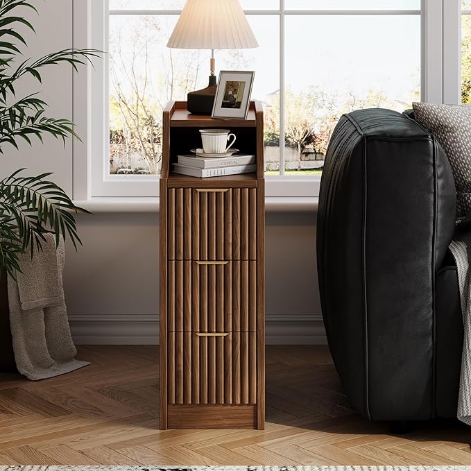 7.9" Narrow Nightstand Set of 2,23.6" Tall Fluted Bedside Table Set of 2, Slim Side End Table with 3 Drawers, Wooden Bedside Table, Mid Century Modern Night Stand for Bedroom Livingroom Sofa Office