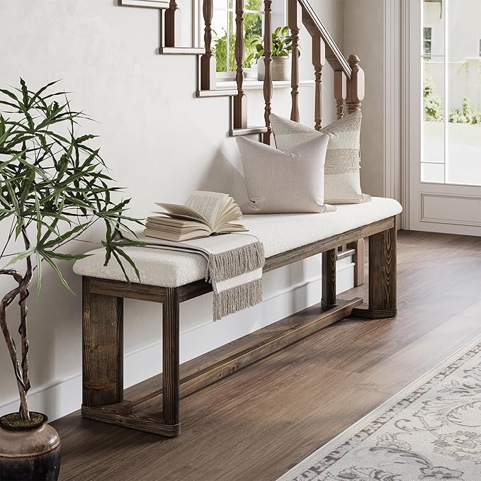 LITTLE TREE 63" Upholstered Bench, Solid Wood Entryway Shoe Bench with Cushion, Long Modern Farmhouse End of Bed Bench with Antique Brown Legs & Faux Lamb Fur Seat for Bedroom 2 PCS