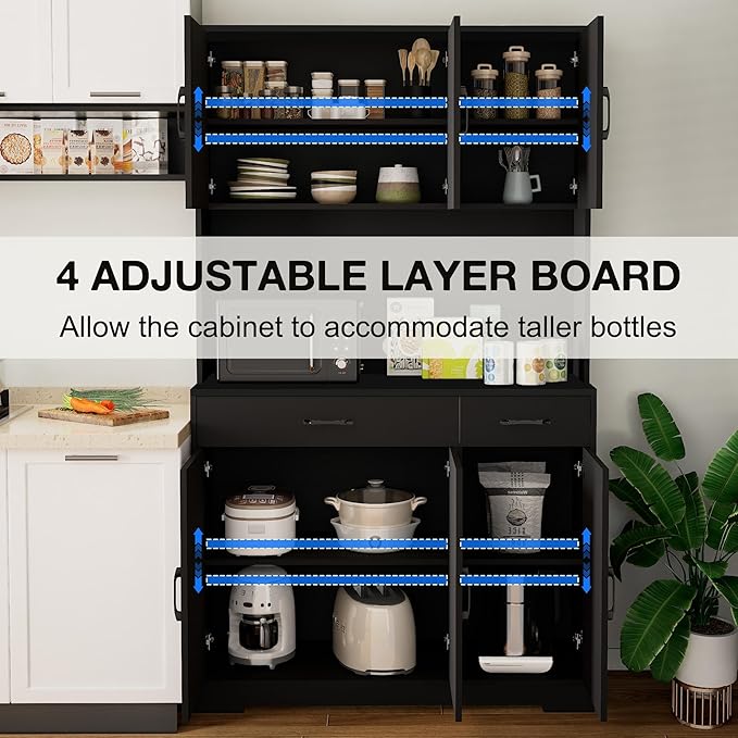 71" Kitchen Pantry Cabinet with Charging Station, Pantry Storage Cabinet Large Kitchen Hutch with Microwave Stand, Coffee Bar Station with Doors and Adjustable Shelves for Kitchen, All Black