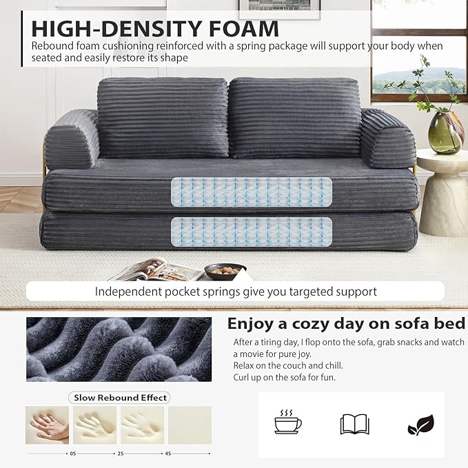 HANXIN 80 Inch Convertible Sleeper Sofa Bed, High Back Plush Corduroy Folding Floor Mattress Couch with Fixed-Shape Frame, Boneless Futon Loveseat with Pull Out Bed, No Assembly Required (Grey)