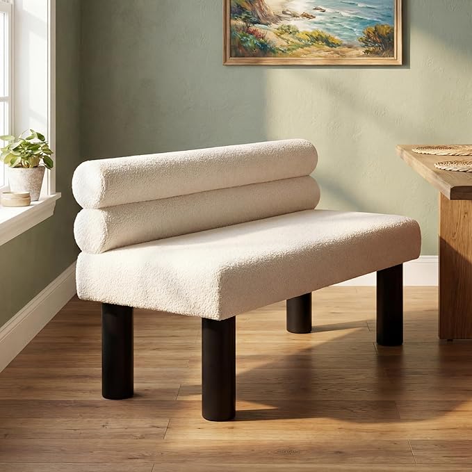 GDFStudio Upholstered Boucle Dining Bench with Backrest Farmhouse Entryway Bench with Rubber Wood Legs Long Indoor Bench for Bedroom Living Room End of Bed Dining Room Seating, Beige