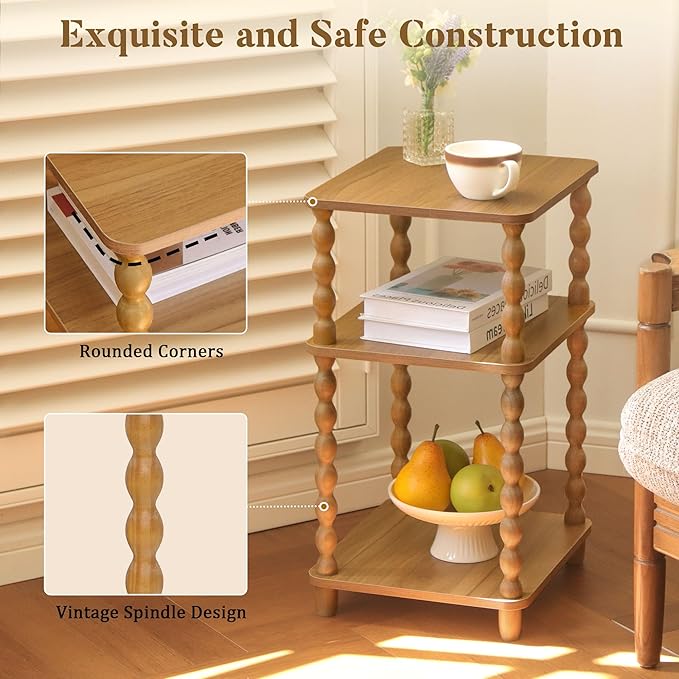 Fultyle End Table, Small Side Table with 3 Tier Open Shelf, Modern Night Stand Accent Table for Small Spaces, Living Room and Office (Caramel Tan)