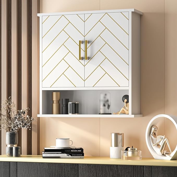 White Chevron Pattern Bathroom Wall Mount Cabinet, Stylish Hanging Medicine Cabinet with Open Shelf, Over The Toilet Storage for Bathroom Kitchen (23 5/8" x 22 7/8" x 7 1/8")