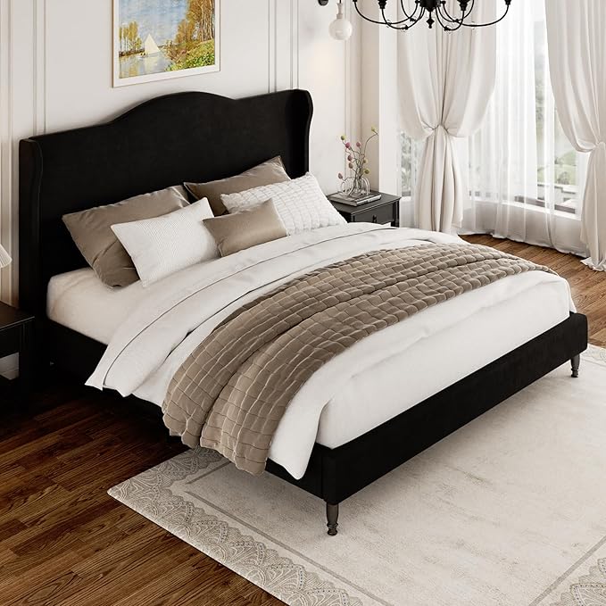 King Size Bed Frame with Wingback Headboard, Upholstered Velvet Platform Bed Frame Easy Assembly, Heavy Duty Wooden Slats Support, Noise-Free, No Box Spring Needed, Minimalist Style, Black