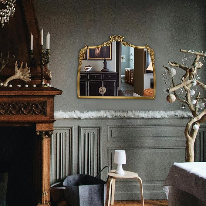 Gold Baroque Mirror Antique 19x24 Inches - Vintage Arched Mirror with Ornate Gold Frame for Entryway, Narrow Hallway & Bathroom Wall Decor