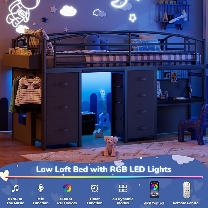 Twin Low Loft Bed with Desk, 7 Storage Drawers & LED Lights, Kids Metal Loft Bed with 13.8" H Safety Guardrail, Underbed Play Space & Curtain, Anti-Collision Pad (Black)