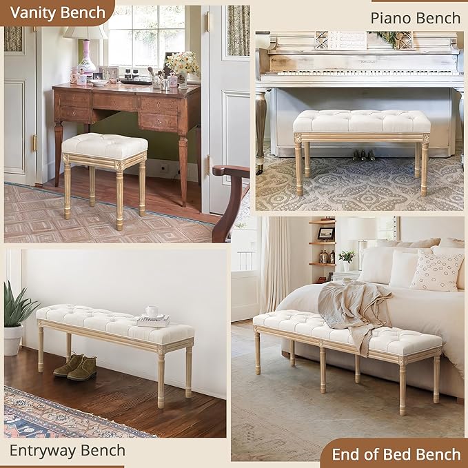 LUE BONA 60" Fabric End of Bed Bench, Upholstered Tufted French Bedroom Bench with Carved Legs for Bedroom End of King Size Bed, Living Room, Beige
