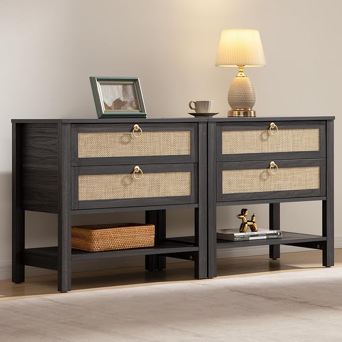 SICOTAS Night Stands Set of 2 for Bedroom, Large Bedside Tables with Drawer & Open Shelf, Wide Boho Rattan Nightstand Set Narrow Side Table for Master Bedroom