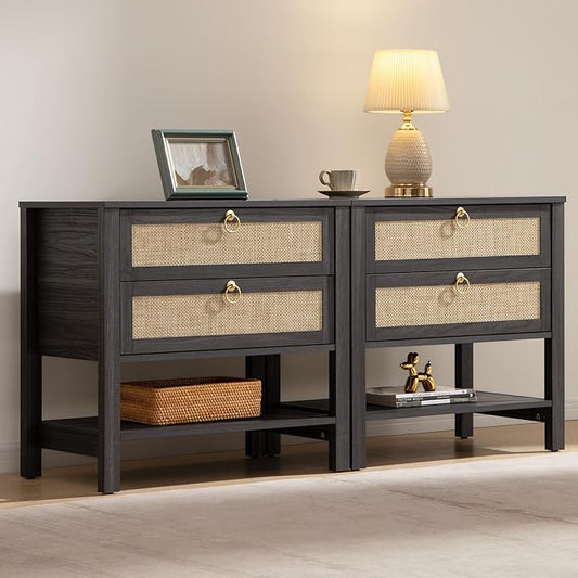SICOTAS Night Stands Set of 2 for Bedroom, Large Bedside Tables with Drawer & Open Shelf, Wide Boho Rattan Nightstand Set Narrow Side Table for Master Bedroom