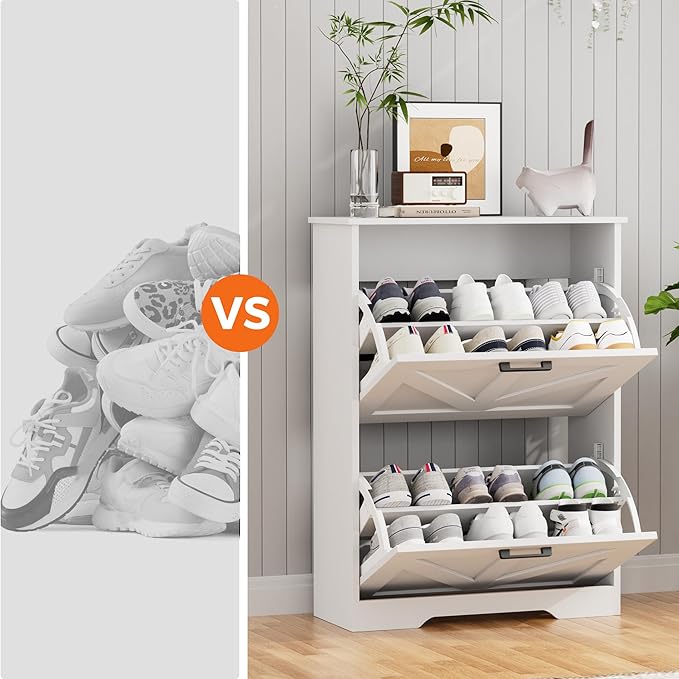 Homleke Farmhouse Shoe Cabinet for Entryway with 2 Barn-Style Flip Drawers, Narrow Shoe Storage Organizer with Top Display Shelf, Adjustable Shelves, Shoe Rack for Hallway, Closet- (White, 24" Wide)