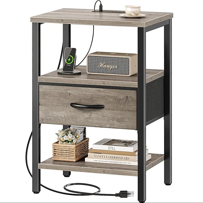 SUPERJARE Nightstand with Charging Station, Bed Side Table with Adjustable Fabric Drawer, Night Stand for Bedroom, 3-Tier Storage End Table, for Living Room, Oak