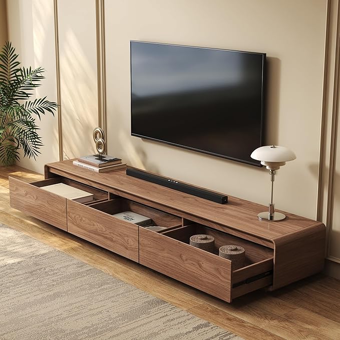 Wood Base TV Stand, Mid-Century Modern Media Console with 3 Storage Drawers, Fits 65–100 Inch TVs, Low Profile Entertainment Center for Living Room(Walnut, 78.74", Floor Standing (Wood Base))
