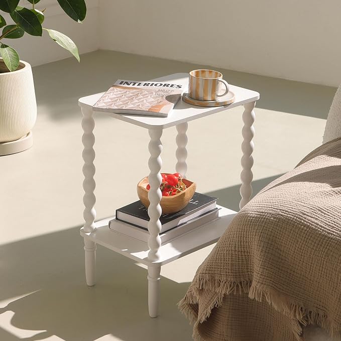 Fultyle White End Table, Small Side Table with Storage Shelf, 2-Tier Modern Night Stand for Bedroom, Living Room, Small Spaces (White)