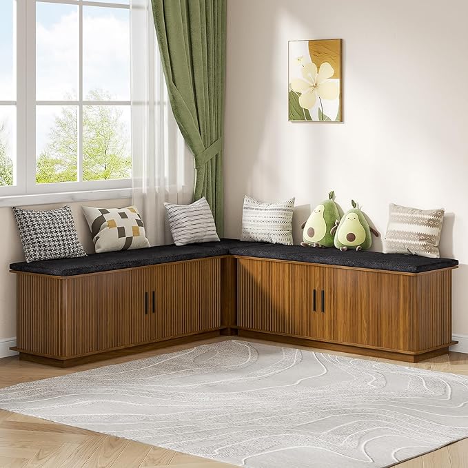 L-Shape Storage Bench with Cushion, Walnut Corner Dining Bench with Hidden Storage, Fluted Breakfast Nook Bench for Dining Room, Kitchen, Entryway, Cloakroom