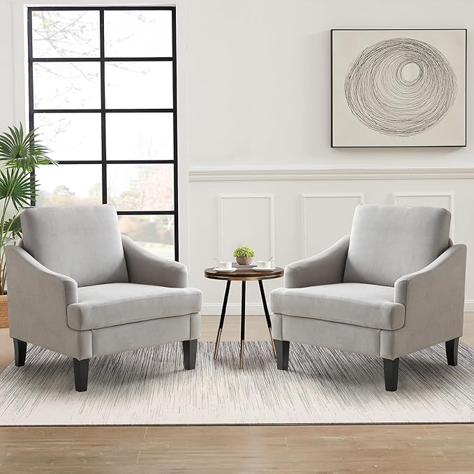 Bezseller Modern Accent Chairs Set of 2, Upholstered Reading Armchair with Wood Legs, Mid-Century Leisure Comfy Single Sofa Chair for Living Room, Bedroom, Home, Office, Light Grey