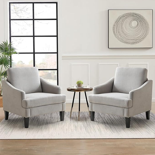 Bezseller Modern Accent Chairs Set of 2, Upholstered Reading Armchair with Wood Legs, Mid-Century Leisure Comfy Single Sofa Chair for Living Room, Bedroom, Home, Office, Light Grey