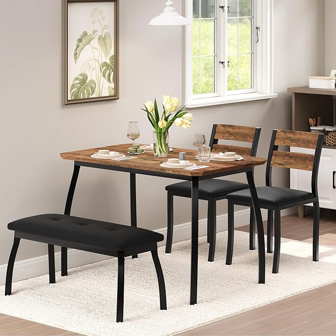 IDEALHOUSE 43'' Dining Table Set for 4, Wooden Kitchen Table with Upholstered Bench & 2 Cushion Chairs, Industrial Dinette Set for Studio, Kitchen, Dining Room, Apartment, Retro
