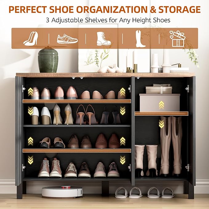 Vlsrka Shoe Cabinet with 3 Doors, Narrow Wooden Shoe Cabinet, Hidden Shoe Storage for Entryway, Foyer, Hallway (Black D)