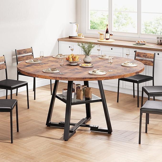 Jocoevol 51'' Round Dining Table for 6,Kitchen Dining Room Circle Dinner Pedestal Table,Space Saving Wood Kitchen & Dining Room Furniture (Vintage, 51In)