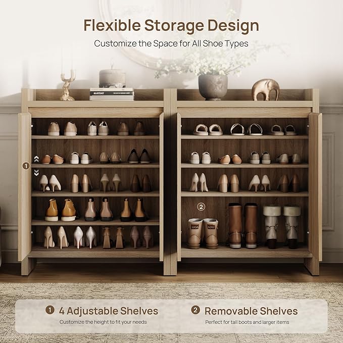 SICOTAS Fluted Shoe Storage Cabinet with Thickened Panels for Entryway, 24-Pair Shoes Organizer with Doors & Adjustable Shelves, 6-Tier Shoe Rack for Hallway Living Room