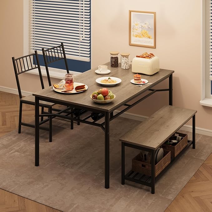 Garvee Dining Table Set for 4 with Bench and Chairs, 4-Piece Kitchen Table Set with Storage – Space-Saving Dining Table for Apartments and Dining Rooms, Gray