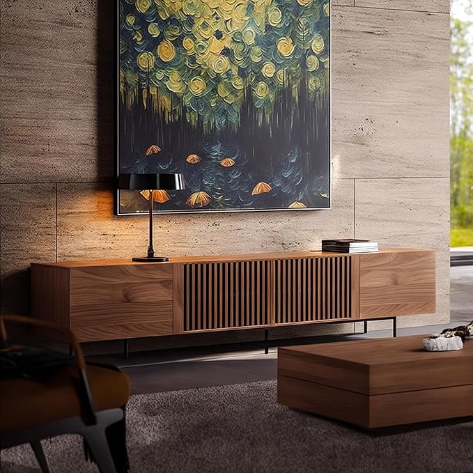 Mid Century Modern TV Stand with 4 Doors, 70.87 Inch Wide Entertainment Center TV Console for Living Room Bedroom, Media Console TV Cabinet with Storage Walnut