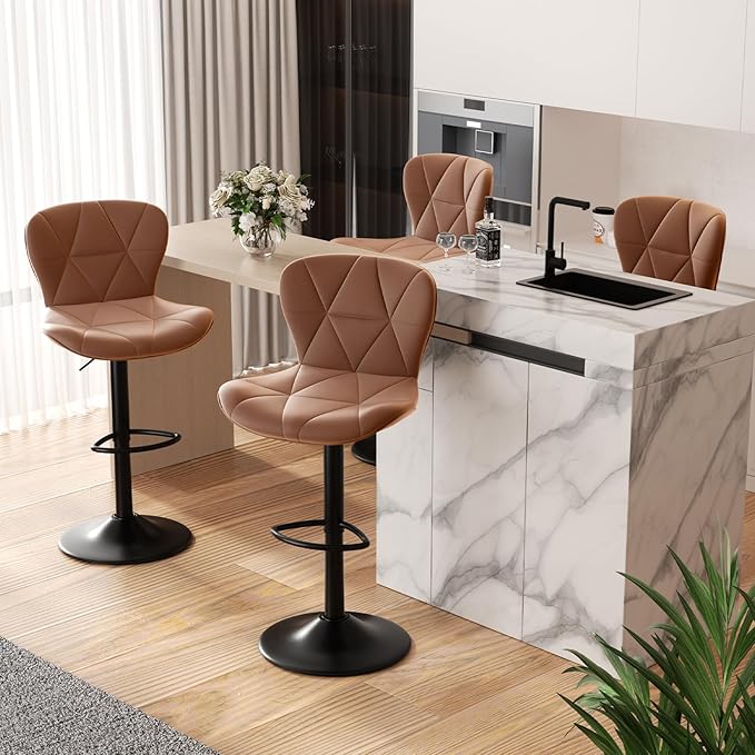 Nalupatio Modern Bar Stools Set of 4, Faux Leather Upholstered Swivel Bar Stools, Adjustable Counter Height Bar Chairs with Back for Kitchen Island, Rust
